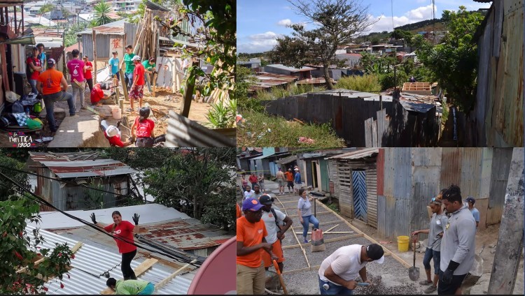 Fotomontaje donde se aprecian grupos de voluntarios construyendo viviendas de emergencia en zonas altas del Gran Área Metropolitana