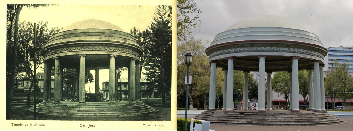 Foto antigua y actual del Templo de la Música en el Parque Morazán.