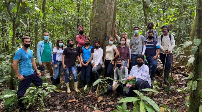 imagen de varios estudiantes realizando trabajos de campo de medición de árboles.