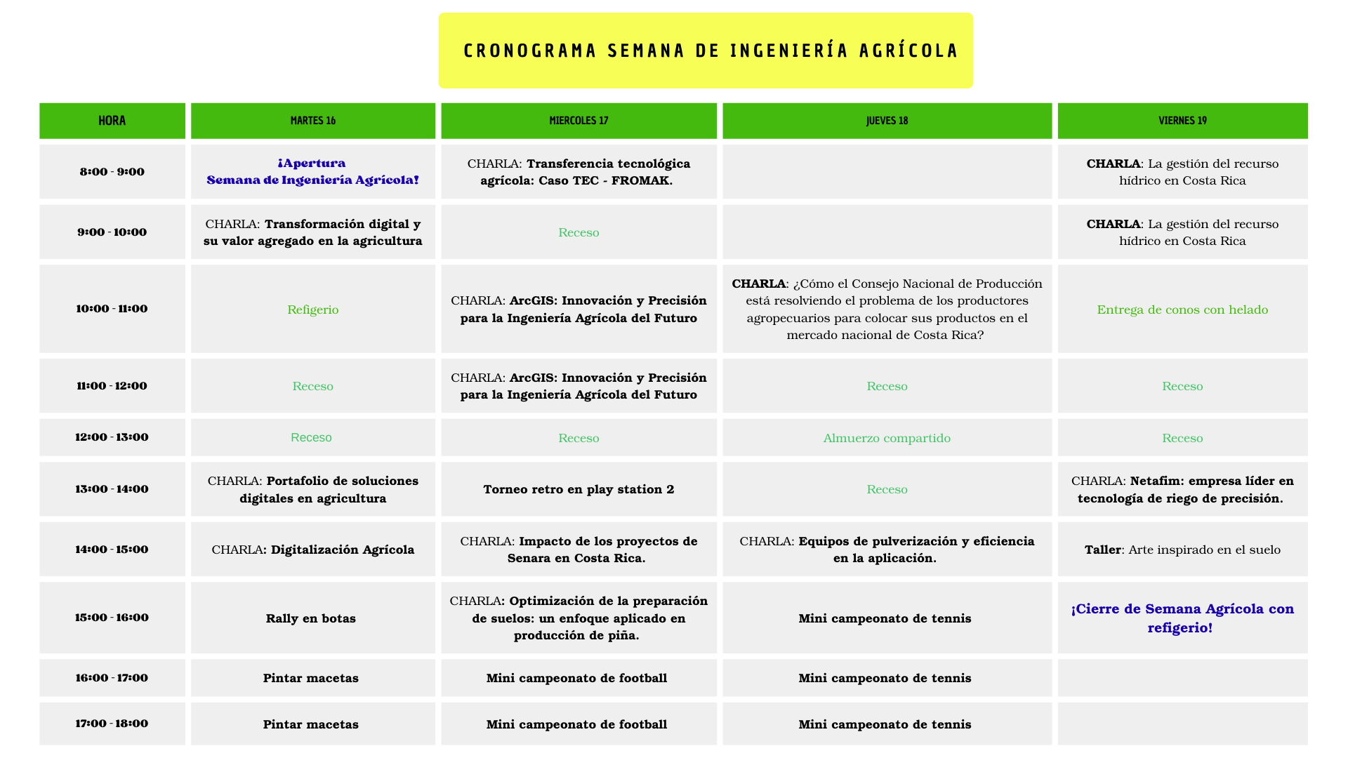 cronograma semana agrícola