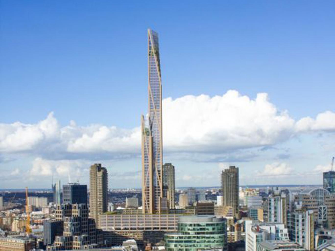 Vista de cómo luciría el Toothpick en Londres, el que sería el edificio de madera más alto del mundo con 300 metros de altura. (Imagen tomada de independent.co.uk).
