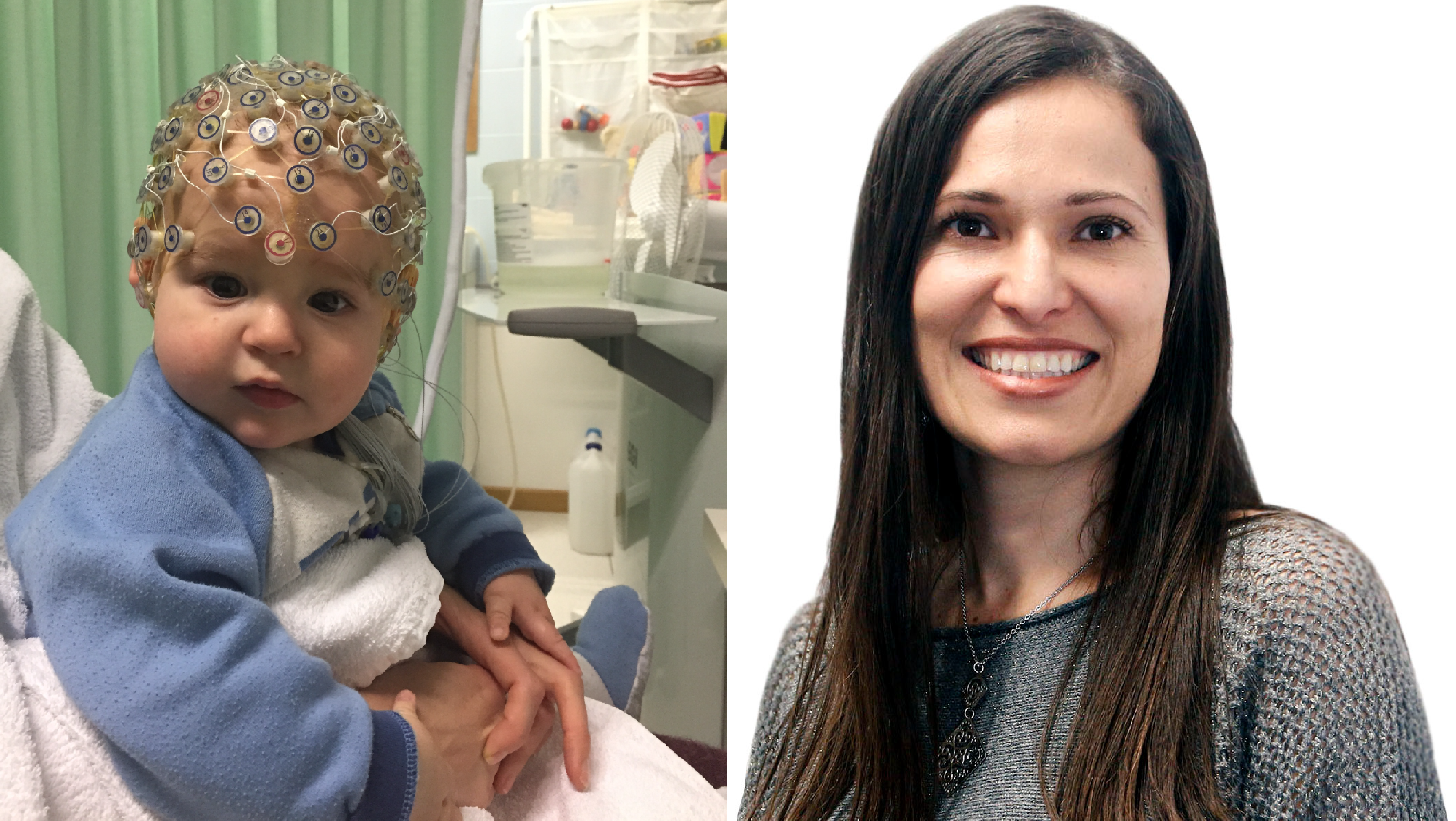 La Dra. Benavides y un bebé con aparatos de medición de actividad neuronal