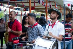 Cimarrona en un pasillo decorado con banderas de Costa Rica