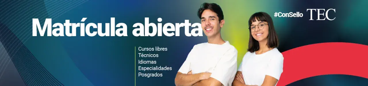 Banner de matrícula abierta y dos estudiantes